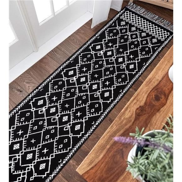 Upgraded Boho Runner Rug 2'x8', Hallway Runner Black White, 100% Woven Cotton - Picture 3 of 6